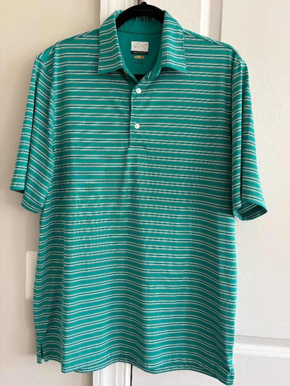 Greg Norman Play Dry Golf Shirt Green Striped Short Sleeve - SZ M